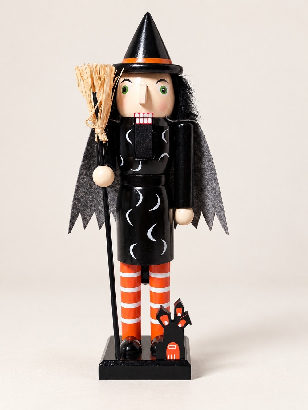 Halloween Witch Nutcracker Figurine Broom Spooky Black Orange Holiday Decor
